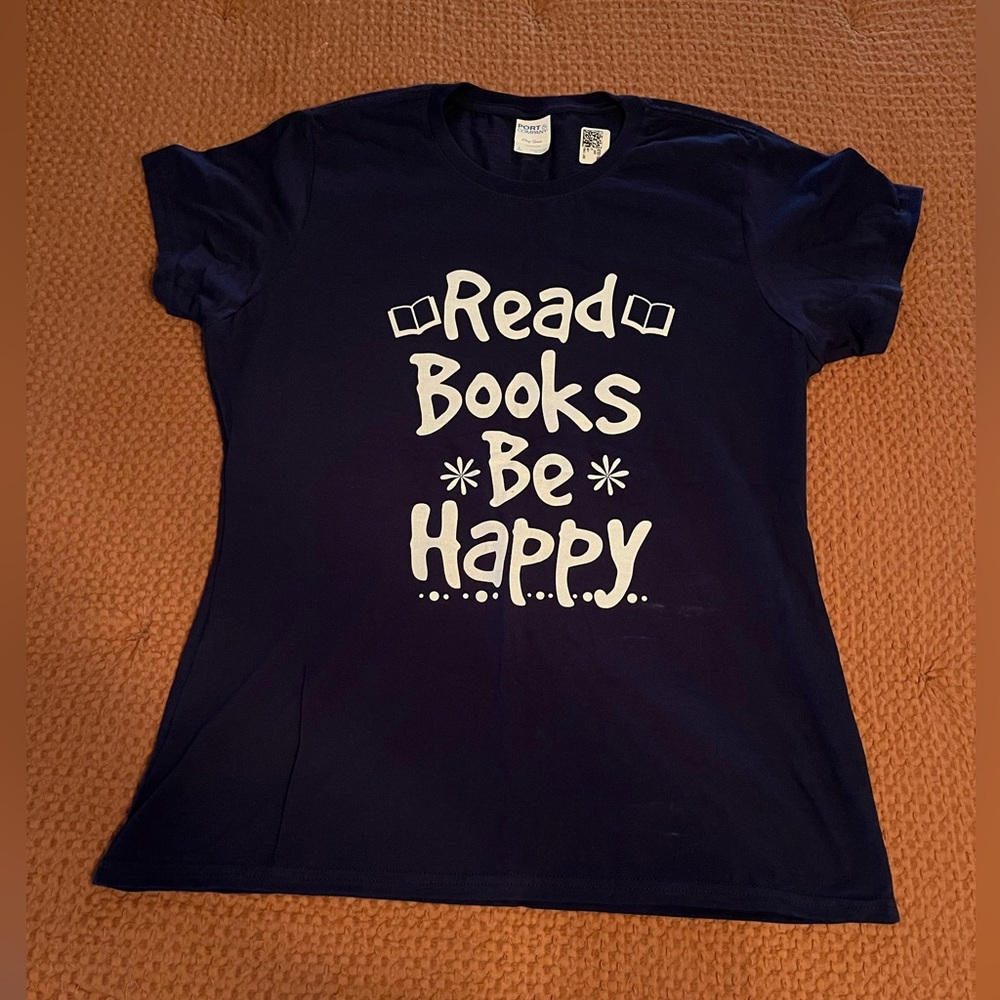 Read Books Be Happy Navy Graphic Tee with White Print